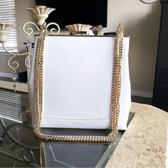 Anine Bing Bag Noah Shoulder Crossbody Chain Gold Leather Minimal White GUC - Picture 2 of 16